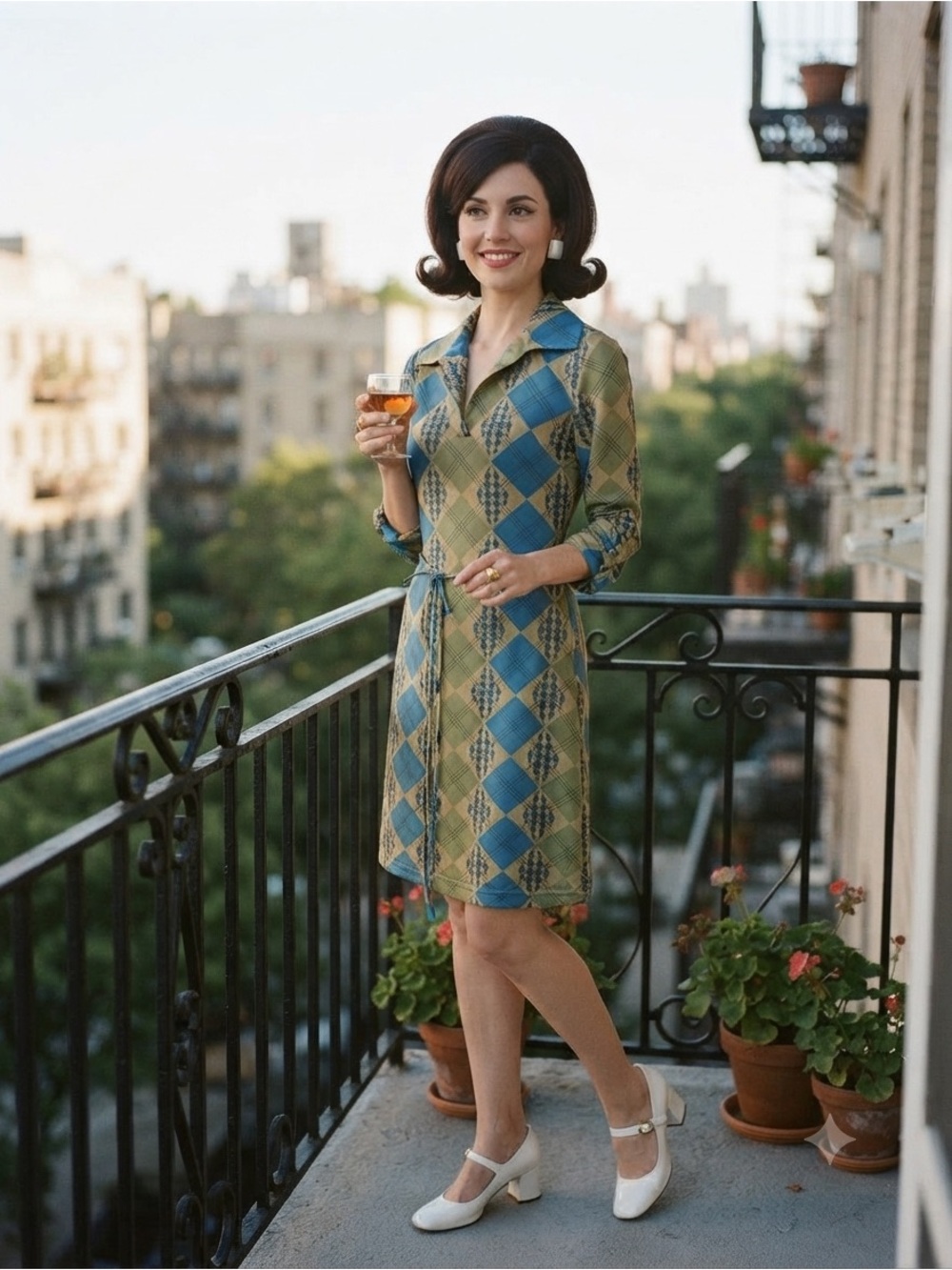 Vintage 70βs Windsor Mod Geometric Faux WrapDress Blue/Green Argyle Print S/M